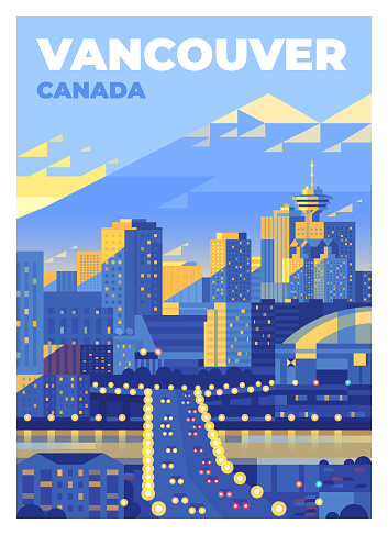 Vector premium travel poster. View of downtown Vancouver, Canada. Modern buildings, skyscrapers and a bridge over the river. Cityscape.