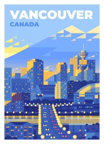 View of downtown Vancouver, Canada. Modern buildings, skyscrapers and a bridge over the river. Cityscape. Vector premium travel poster. View of downtown Vancouver, Canada. Modern buildings, skyscrapers and a bridge over the river. Cityscape. vancouver financial district stock illustrations