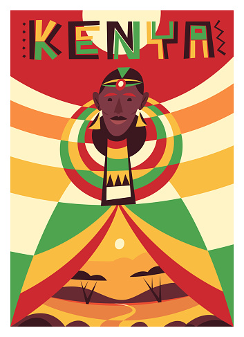Vector premium travel poster. Aesthetics of Kenya. A girl from the Massai tribe in national costume. View of the savannah.