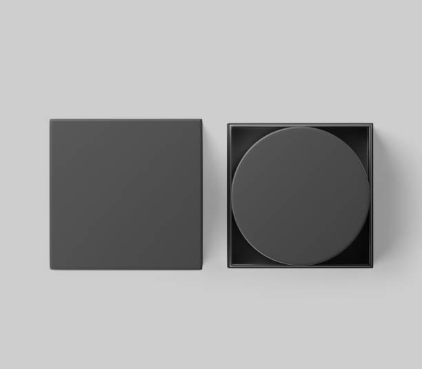istock Black Square Box, Dark Candle Box Mockup with wax candle in packaging, 3d Rendered isolated on light background 2150126800