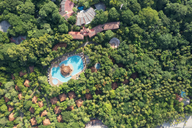 istock Hotel in green palm tree nature background 2150126995