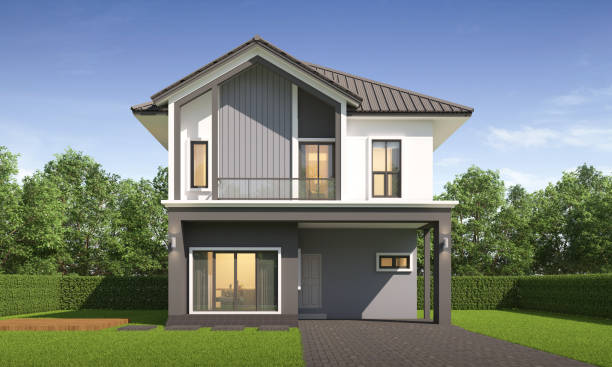 istock Modern house exterior day light with lawn grass.3d rendering 2150127048