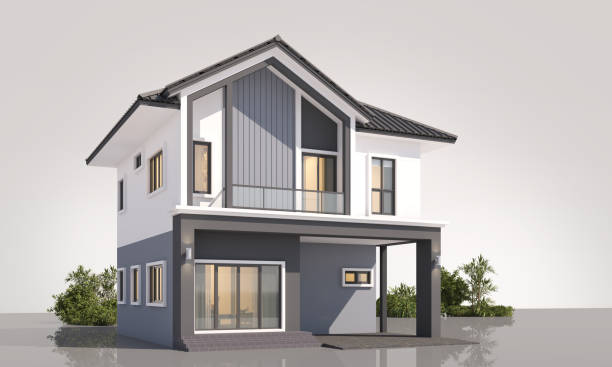 istock Architecture 3d rendering illustration of modern minimal house on white background 2150127057