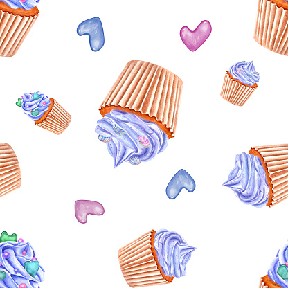 Cupcake decorated with blue whipped cream and meringue. Muffins and pink, blue heart shaped candies. Desserts in paper wrapper. Fruity taste. Watercolor illustration for package, menu. Space for text