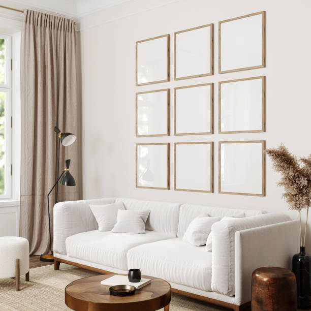 istock Frame mockup, Home interior background, modern living room, blank wall, 3D render 2150130525