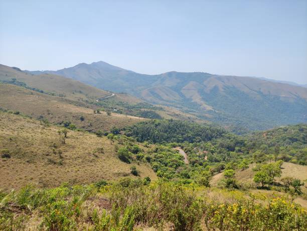 View of mountainous landscape from high vantage point.