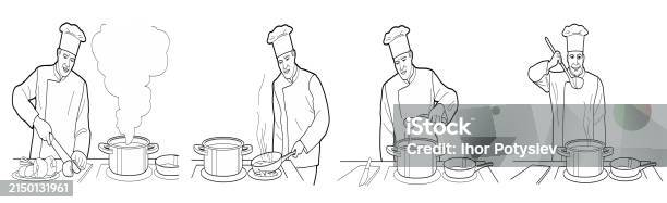 Cooking Process Map Drawing Cooking Process With Chef Figures At The Table In Restaurant Kitchen ...