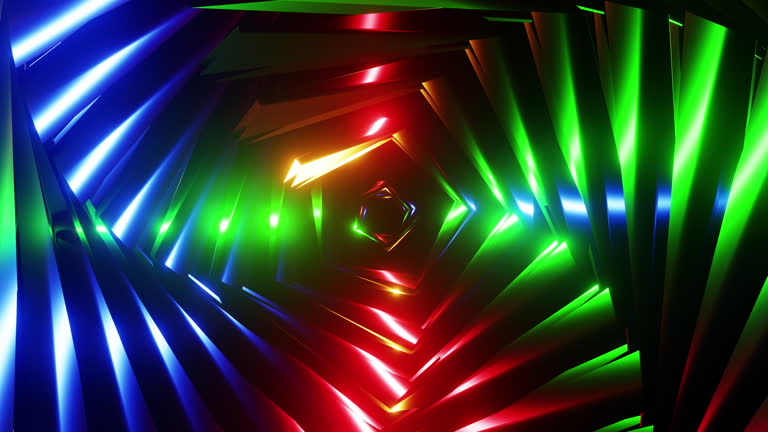 Tunnel with twisted multicolored art deco lines shimmers with bright reflections 3d render. Movement in metallic chrome geometric shape background and overlay
