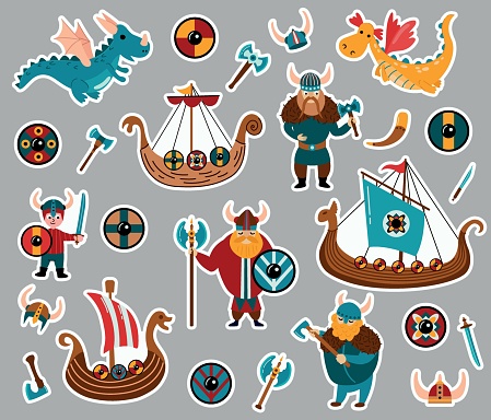 Vikings sticker set.  Drakkars, shields, axe, helmet, sword, dragons, Knife