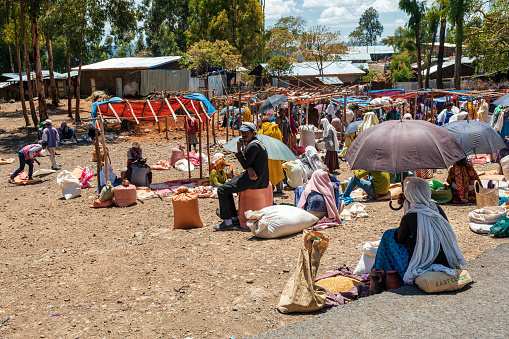 DEBRE LIBANOS, ETHIOPIA - APRIL 19, 2019: Unidentified Ethiopian people sell street market, Debre Libanos Cathedral on April 19. 2019 in Debre Libanos, Oromia Region Ethiopia
