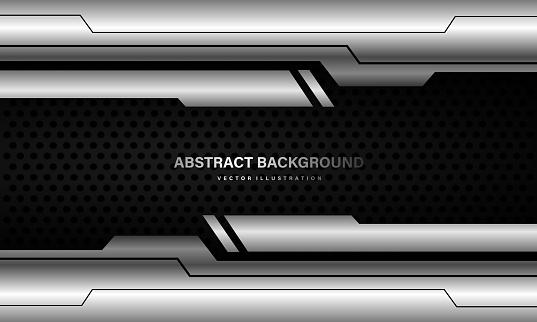 Abstract silver cyber black line circuit dark grey circle mesh geometric vector background design technology futuristic creative illustration.