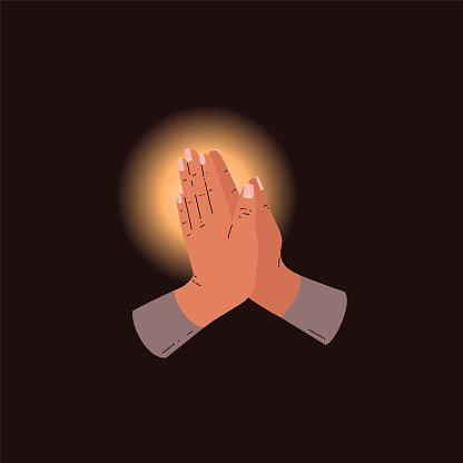 Spiritual vector illustration of hands in prayer against a luminous backdrop, symbolizing hope, faith, and devotion in moments of reflection.