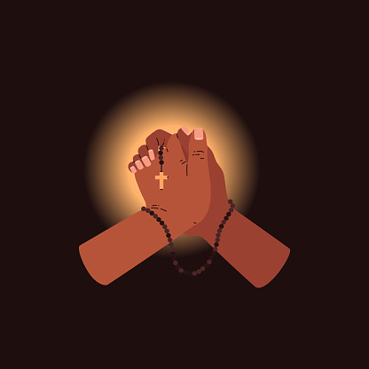 Devotional illustration with praying hands clasping a rosary. The vector showcases a spiritual moment, emphasized by a warm glow in the background.