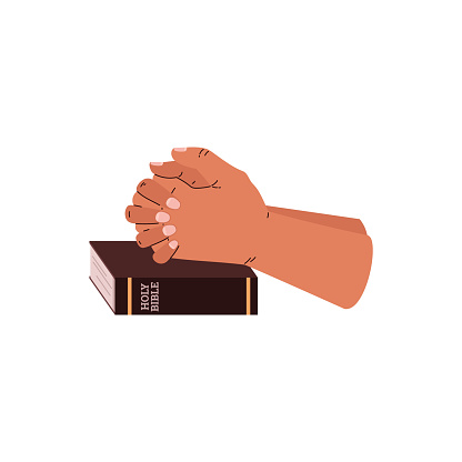 Clasped hands in prayer resting on the Holy Bible. A simple, serene vector illustration depicting faith and spirituality.