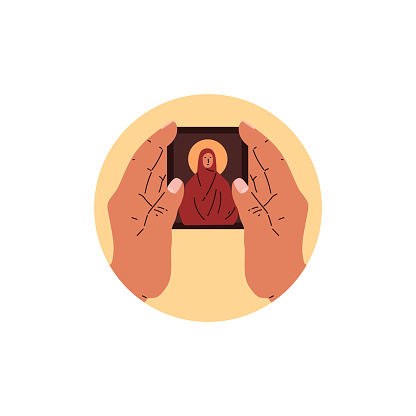 Vector illustration of hands framing an icon of a saint, set against a warm yellow circle, symbolizing devotion and reverence.