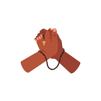 Vector illustration of clasped hands with a rosary and cross, set on a clean background, depicting a moment of religious prayer and reflection.
