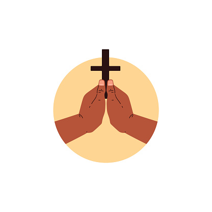 A vector illustration shows hands gently holding a cross, encapsulated within a soft yellow orb, embodying a sense of sacred devotion.
