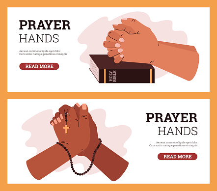 Two spiritual vector illustrations of praying hands, one with a Bible, the other holding a rosary with a cross. Suitable for faith-based designs.