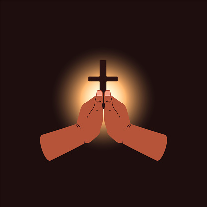 A spiritual vector illustration of hands positioned in prayer, holding a cross against a warm glowing background, symbolizing faith and devotion.