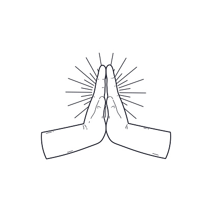 A line art vector illustration of prayer hands with radiant beams of light emanating from them, symbolizing hope and spirituality.