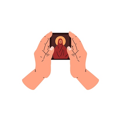 A tranquil vector illustration displaying hands holding a prayer card with a serene figure, conveying a sense of spirituality and devotion.