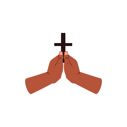 Hands holding a cross in a gesture of faith and devotion. Vector illustration depicting a spiritual moment of prayer and belief.