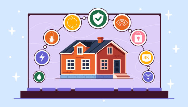 istock Smart home concept showing a house with various technology icons on a purple background, vector illustration 2150137640