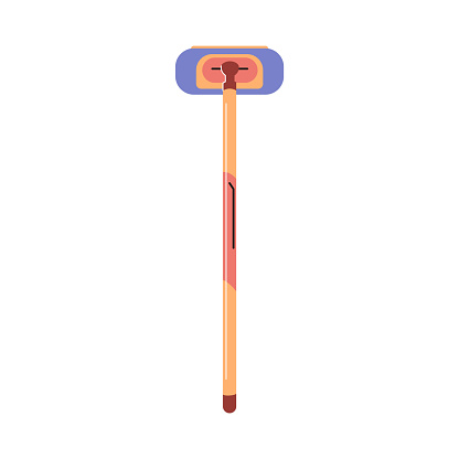 Curling broom vector flat illustration. Cartoon curling handle brush for glides on ice rink. Curling broom stick sport game professional equipment isolated on white background