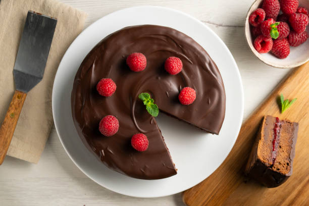 istock Chocolate Sachertorte with raspberry jam filling. 2150141815