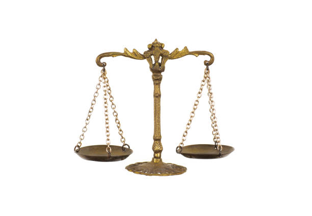 Bronze vintage balance scale set on white background