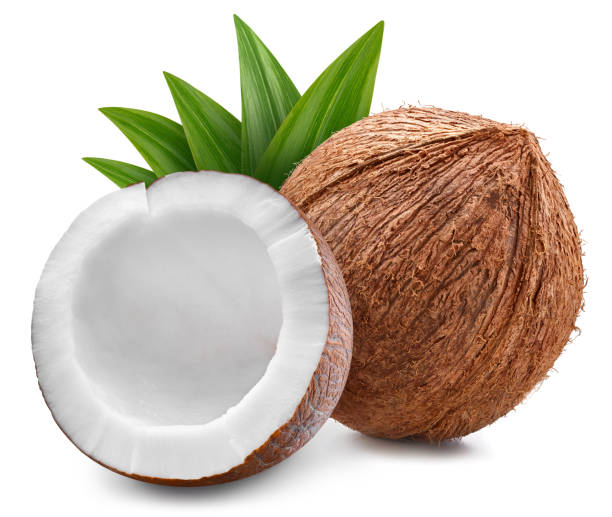 istock Ripe whole coconut with green leaf and half 2150142289