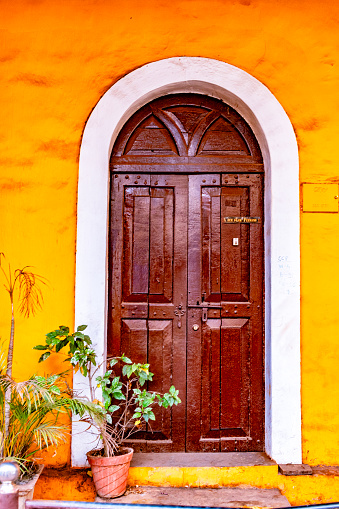 Door of a building in the Fontainhas quarter, Mala, Panaji, Goa, India