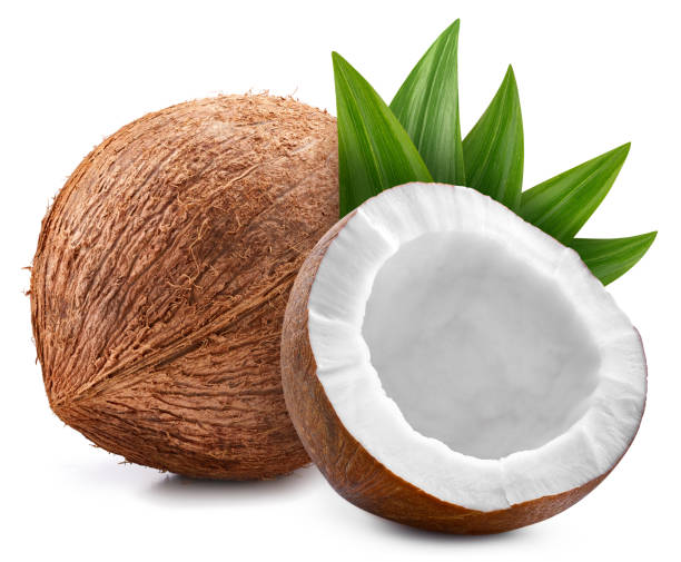 istock Coconut and green leaves isolated on white background 2150143311