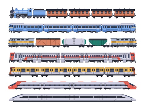 Different rail transport set. Passenger and goods trains with wagons, carriages side view. Modern and old railway vehicle. Railroad machinery. Flat isolated vector illustration on white background.