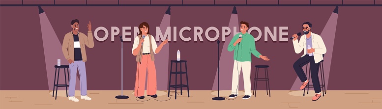 Comedians on open mic horizontal banner. Comics jokes with microphone on stand up, comedy performance. Spotlighted performers, artists show with humor monologue on stage. Flat vector illustration.