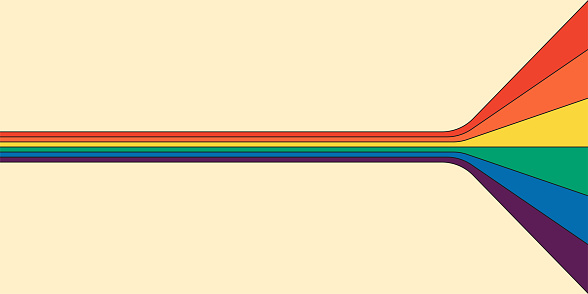 Retro rainbow color striped path horizontal banner. Geometric hippie rainbows perspective flow print. Vintage hippy abstract spectral iridescent stripes. Trendy minimalism y2k colorful pop art lines