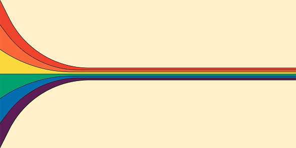 Retro rainbow color striped path horizontal banner. Graphic rainbows perspective flow cover. Vintage hippy abstract spectral iridescent lines. Trendy modern simple disco y2k colorful pop art lines