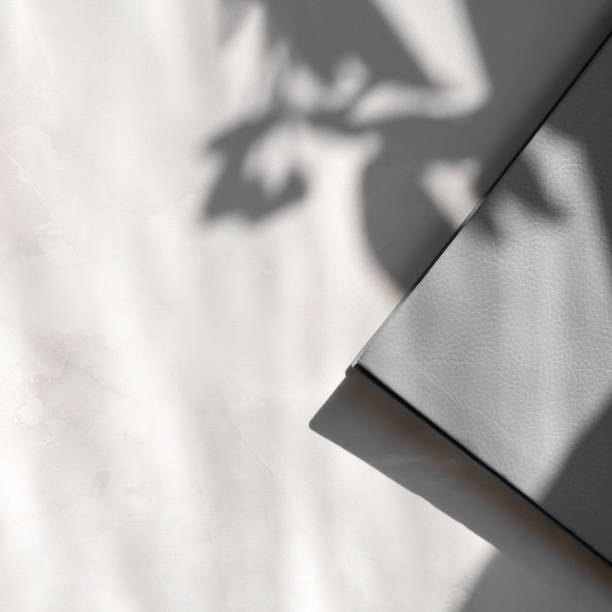 istock Aesthetic floral sunlight shadows on neutral marble table background and gray notebook cover, elegant minimal business branding template for social media blog 2150144981
