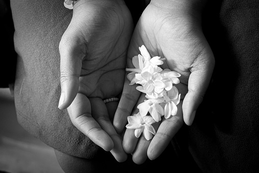 a bunch of jasmine flowers on a woman's palm
