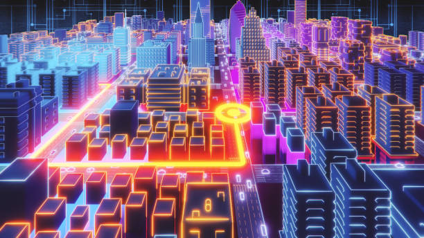 istock Futuristic metaverse neon city with road navigation 2150146403