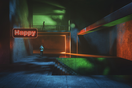 Men walking in dark city. 3D generated image.