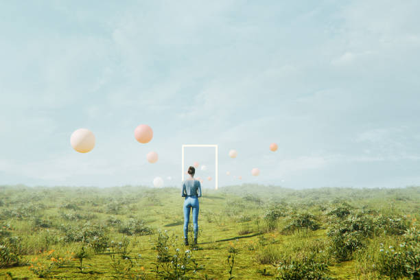 Young woman standing in fantasy landscape. 3D generated image.