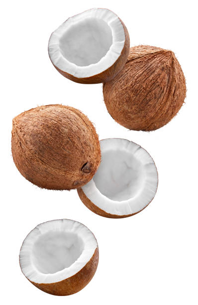 istock Flying Coconut with cut in half isolated on white background 2150146823
