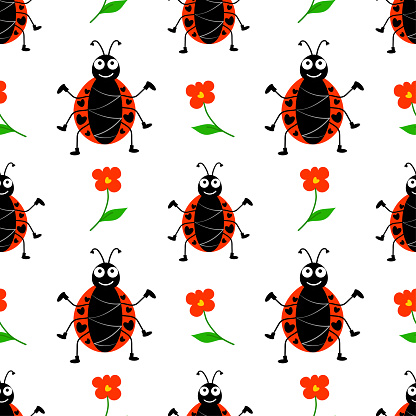 Seamless pattern with cute ladybug and flower in cartoon style on a transparent background. Vector illustration for textile print, wrapping paper, wallpaper, children's backgrounds