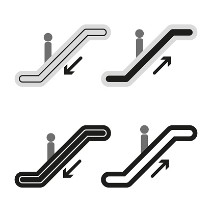 Escalator usage icons set. Upward and downward human figures. Public sign for escalator etiquette. Vector illustration. EPS 10. Stock image.