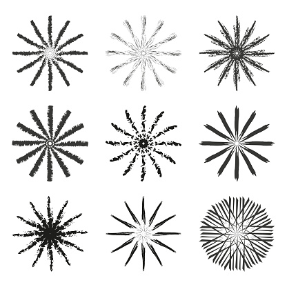 Black abstract starburst collection. Dynamic radial lines design. Explosion effect symbols. Vector illustration. EPS 10. Stock image.
