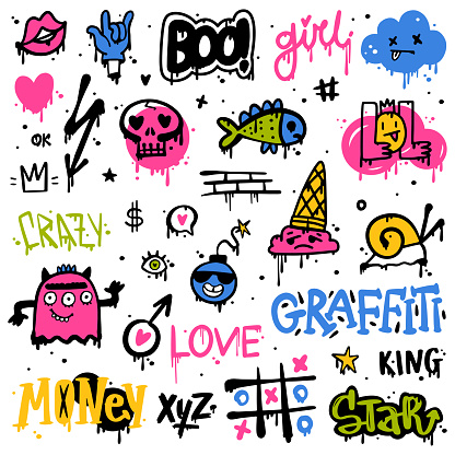 Graffiti Elements as Street Wall Painting Art Vector Set. Urban Cool Creative Drawing with Drips and Blobs