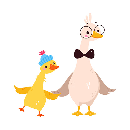 Funny Goose Character Father with Baby Gosling Vector Illustration. Farm Bird and Domestic Fowl with Wings and Beak