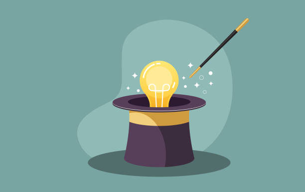 istock Developing New Ideas - Lightbulb Coming out of Magician's Hat - Stock Illustration 2150150246
