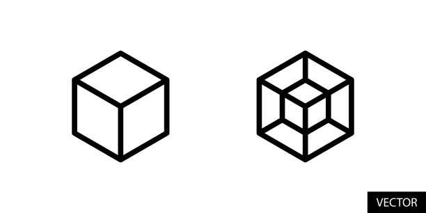 3D and 4D cube, three dimensional and four dimensional cube, hexahedron, tesseract vector icons in line style design isolated on white background. Editable stroke. 3D and 4D cube, three dimensional and four dimensional cube, hexahedron, tesseract vector icons in line style design for website, app, UI, isolated on white background. Editable stroke. EPS 10 vector illustration. stock cubes stock illustrations